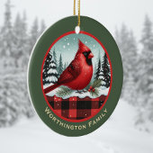 Cardinal Snow n Buffalo Plaid Family Name Monogram セラミックオーナメント