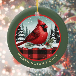 Cardinal Snow n Buffalo Plaid Family Name Monogram セラミックオーナメント