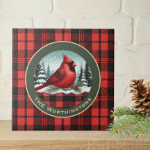 Cardinal Snow n Buffalo Plaid Family Name Monogram