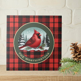 Cardinal Snow n Buffalo Plaid Family Name Monogram タイル