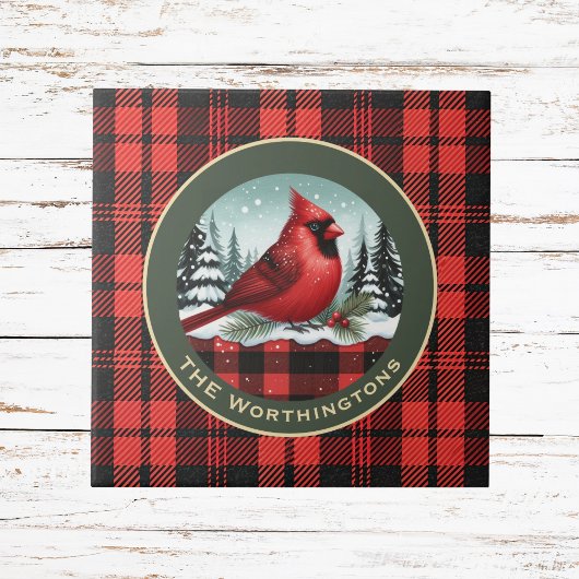 Cardinal Snow n Buffalo Plaid Family Name Monogram タイル