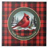 Cardinal Snow n Buffalo Plaid Family Name Monogram タイル (正面)