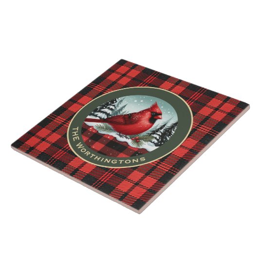 Cardinal Snow n Buffalo Plaid Family Name Monogram タイル (側面)