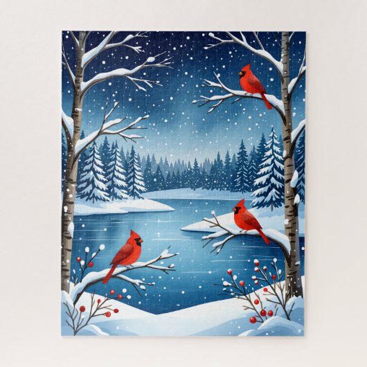 Cardinals by a Snowy Lake Winter Scene ジグソーパズル (縦)