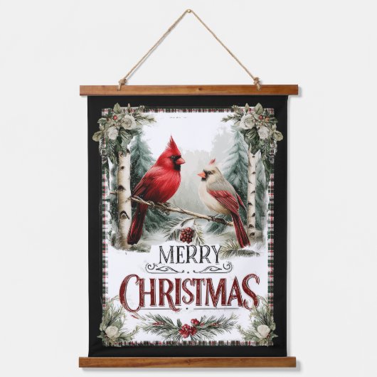 Cardinals on Birch – Rustic Merry Christmas 吊り下げ型タペストリー (正面)