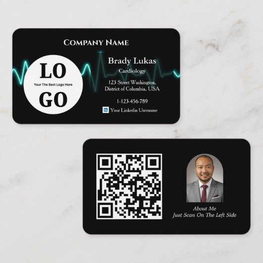 Cardiology Business Card Custom Logo Modern Black 名刺 (正面/裏面)