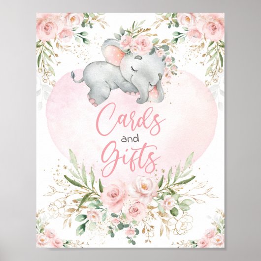 Cards and Gifts Blush Floral Elephant Baby Shower ポスター (正面)