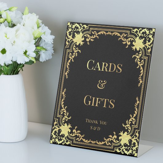 Cards & Gifts Black & Gold Wedding Elegant Vintage 台座サイン