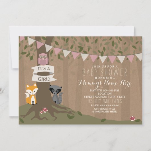 Cardstock インスパイア Woodland Baby Shaward – 少女 招待状 (正面)