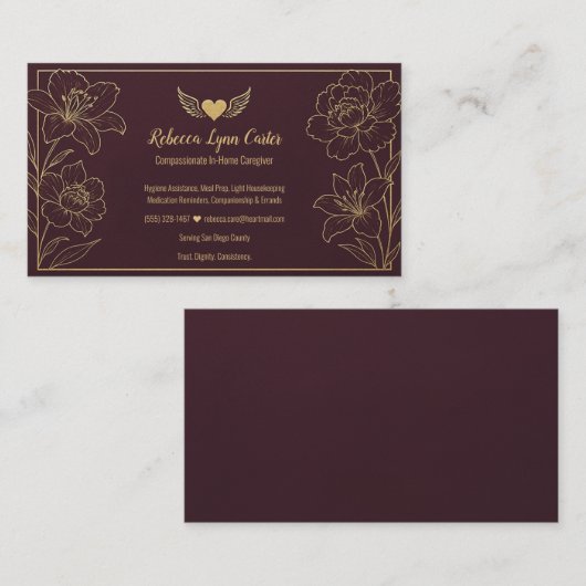 Caregiver Elegant Floral Professional Services 名刺 (正面/裏面)