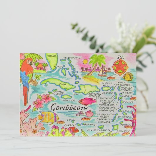  Caribbean Islands 5x7 Map Big Postcard (スタンド正面)
