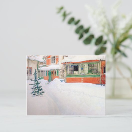 Carl Larssonコテージインスノーホリデークリスマス シーズンポストカード (スタンド正面)