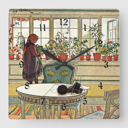 Carl Larsson - Flowers on the Windowsill スクエア壁時計 (正面)