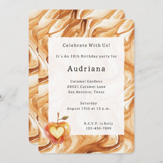 Carmel Cream Heart Apple Caramel Birthday  招待状 (正面/裏面)