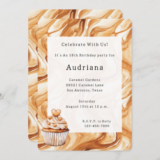 Carmel Cream Hearts Caramel Cupcake Birthday 招待状 (正面/裏面)
