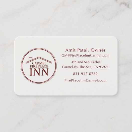 Carmel FirePlace Inn - Manager - Custom Design 名刺 (正面)