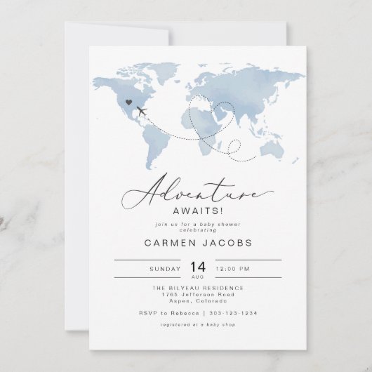 CARMENほこりっぽい青のマップアドベンチャーベビーシャワー 招待状 (正面)