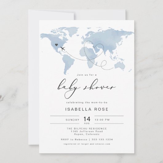 CARMENほこりっぽい青のマップ旅行アドベンチャーベビーシャワー 招待状 (正面)