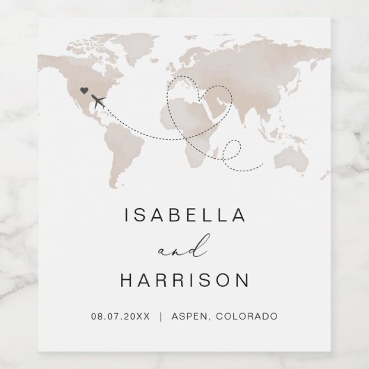 CARMENベージュワールドマップトラベルデスティネーションウェディング ワインラベル (シングルラベル)
