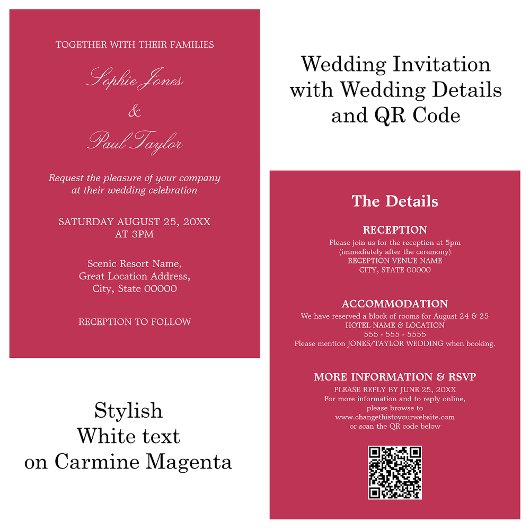 Carmine Magenta結婚のQRコードRSVP招待状 招待状