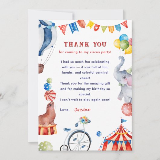 Carnival Animal Circus Birthday Thank You Card サンキューカード (正面)