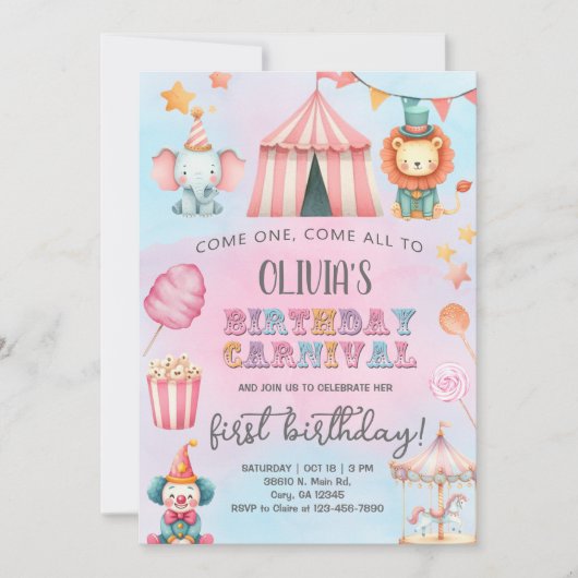 Carnival / Circus pink girl birthday invitation. 招待状 (正面)