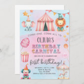 Carnival / Circus pink girl birthday invitation. 招待状 (正面/裏面)