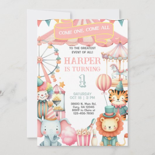 Carnival / Circus pink girl birthday invitation. 招待状 (正面)