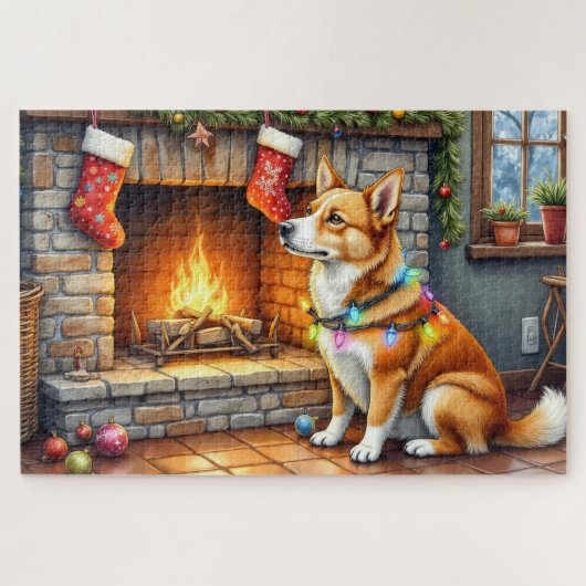 Carolina Dog Fireplace with Christmas Lights ジグソーパズル (横)