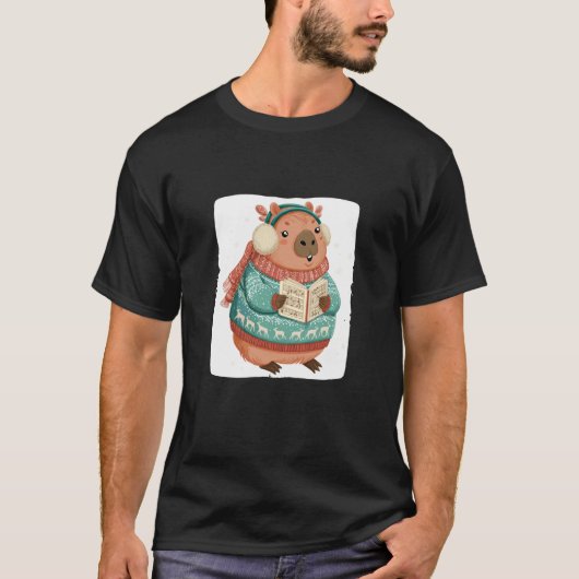 Caroling Capybara in Christmas Sweater Tシャツ (正面)