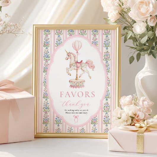Carousel Pink Birthday Favors Sign ポスター