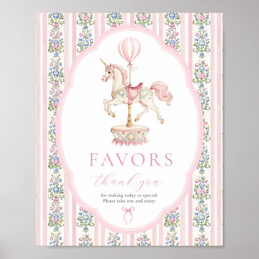 Carousel Pink Birthday Favors Sign ポスター (正面)