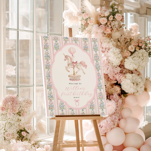 Carousel Pink First Birthday Welcome ポスター