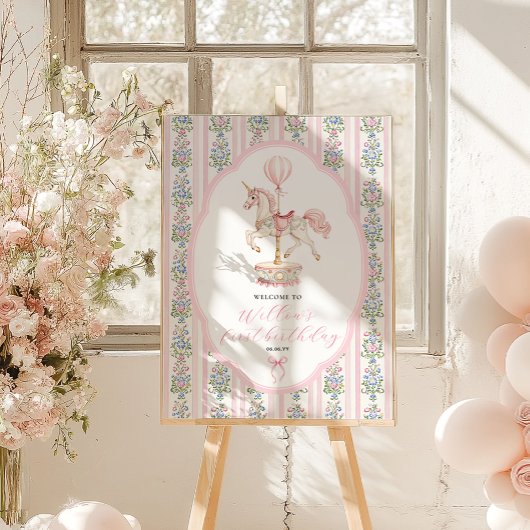 Carousel Pink First Birthday Welcome ポスター