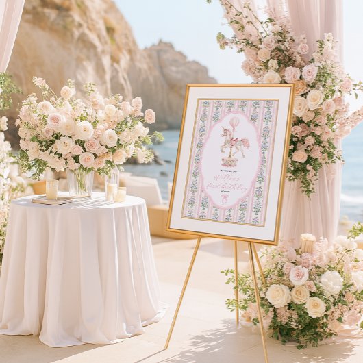 Carousel Pink First Birthday Welcome ポスター