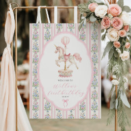 Carousel Pink First Birthday Welcome ポスター