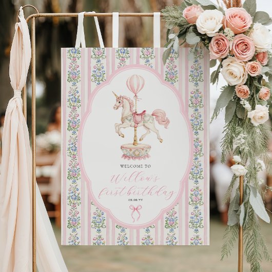 Carousel Pink First Birthday Welcome ポスター