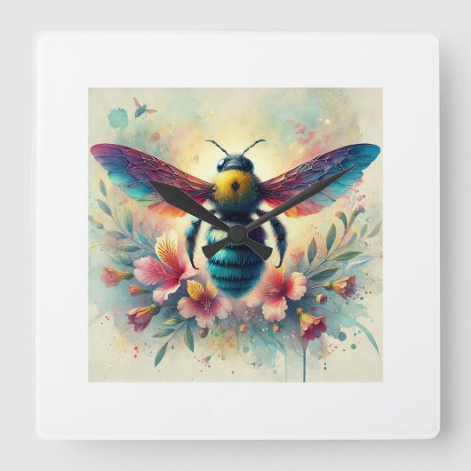 Carpenter bee peacock 210924AREF130 - Watercolor スクエア壁時計 (正面)