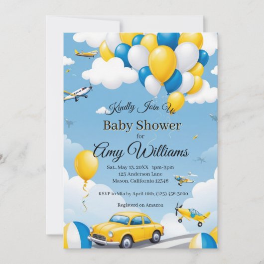 Cars and  airplanes Boy Baby Shower Invitation 招待状 (正面)