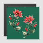 Cartão de Natal magnético verde e Flores Vermelhas (正面/裏面)