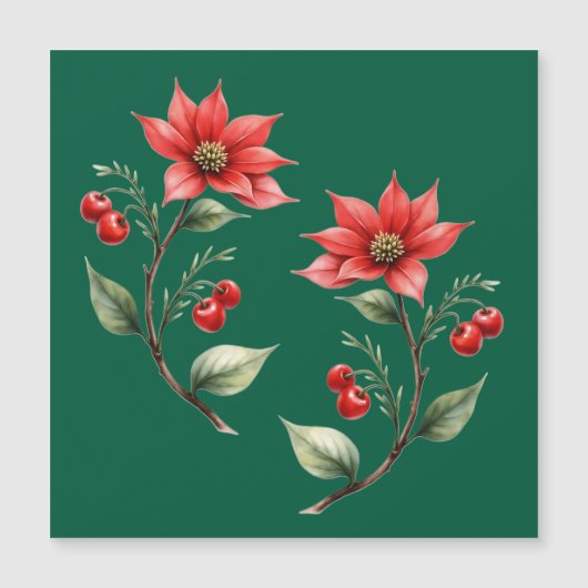 Cartão de Natal magnético verde e Flores Vermelhas (正面)