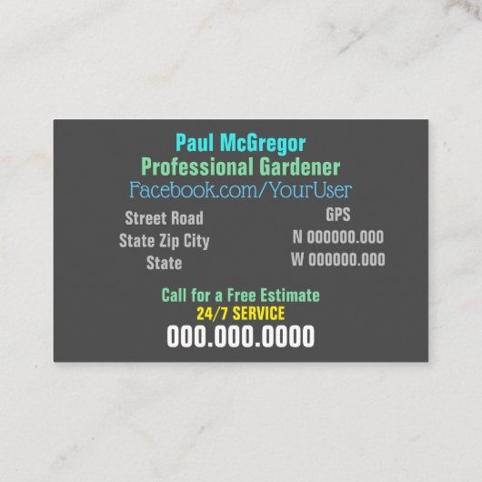 Cartão De Visita Professional Gardener 名刺 (裏面)