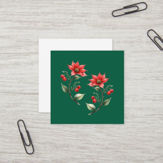 Cartão de visitas Natal verde e Flores Vermelhas スクエア名刺 (正面/裏面インサイチュ)