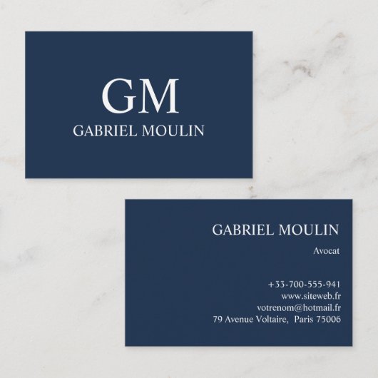 CARTE DE VISITE BLEU MARINE AVEC INITIALES  名刺 (正面/裏面)
