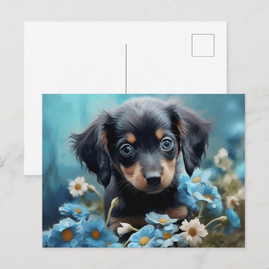 Carte Postale Chien Fleur Bleu ポストカード (正面/裏面)
