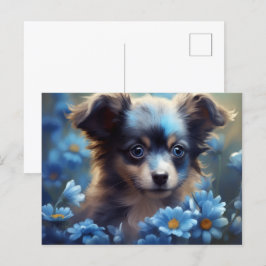 Carte Postale Chien Fleur Bleu ポストカード