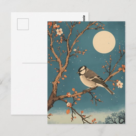 Carte Postale Moonlit Bird on Blossom Branch ポストカード (正面/裏面)