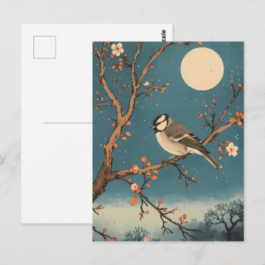 Carte Postale Moonlit Bird on Blossom Branch ポストカード (正面/裏面)