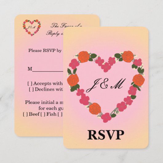 Carte-réponse mariage rose orange couronne coeur 出欠カード (正面/裏面)