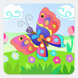 Cartoon色鮮やかな蝶と花 スクエアシール
